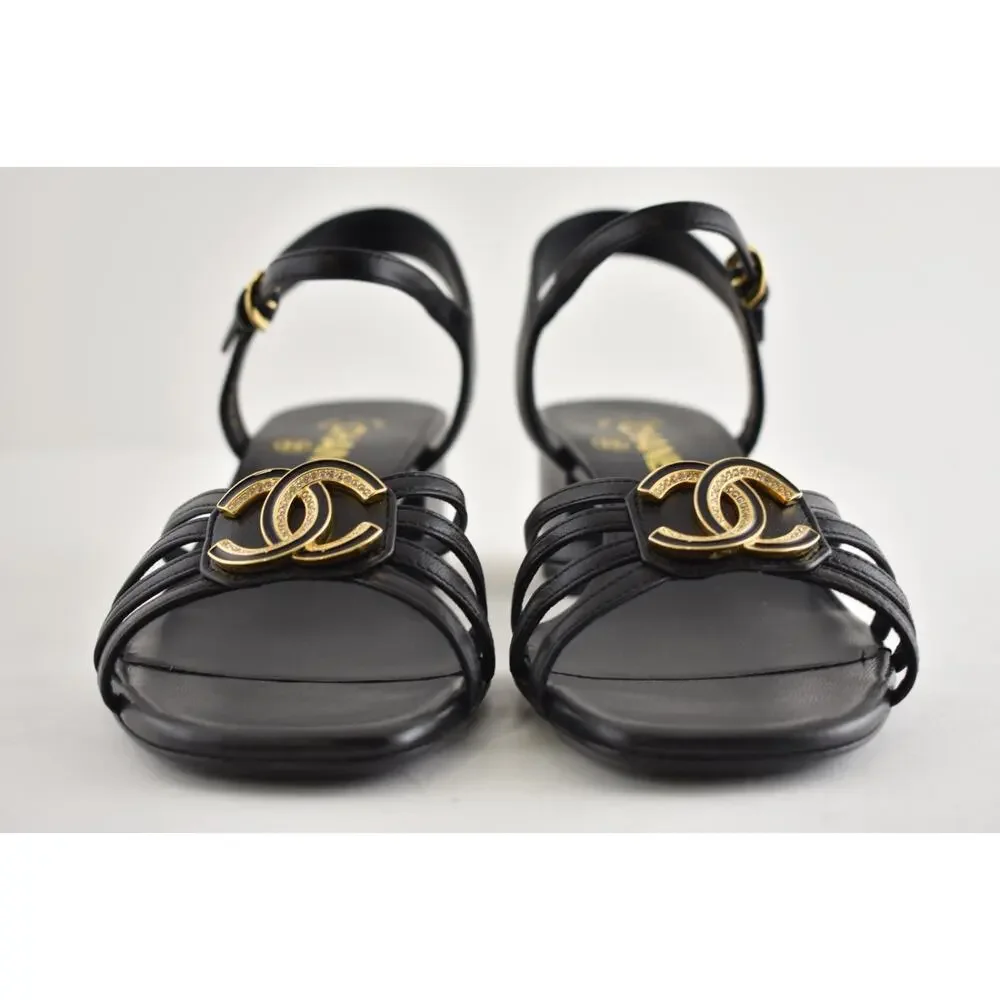 Chanel 25P Black Leather Crystal Gold CC Logo Ankle Strap Block Heel Sandal 37.5